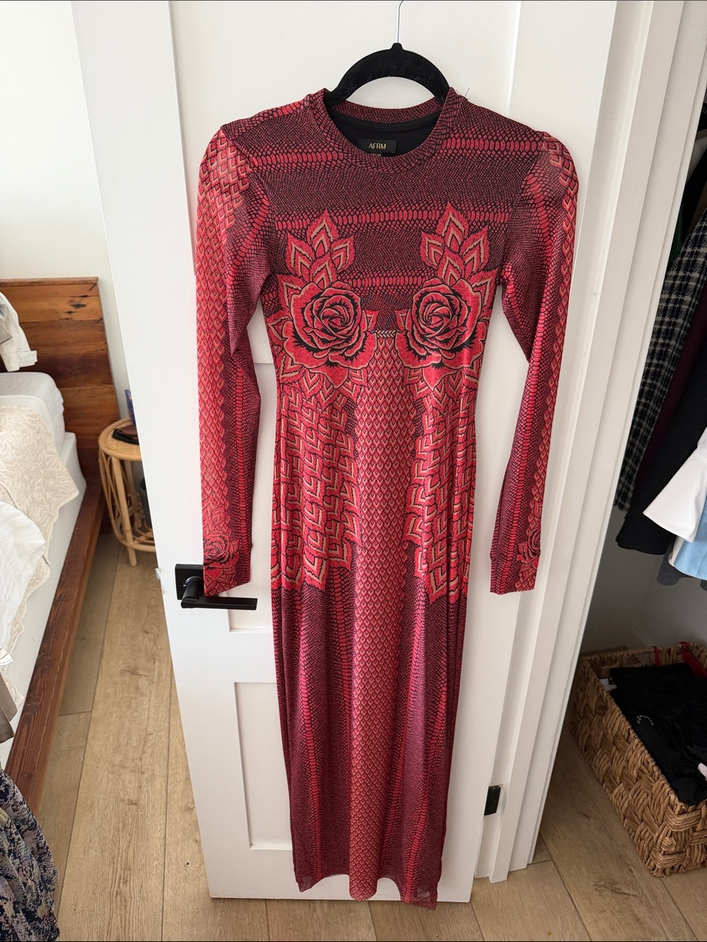 AFRM Red Rose-Detail Long-Sleeve Maxi Dress
